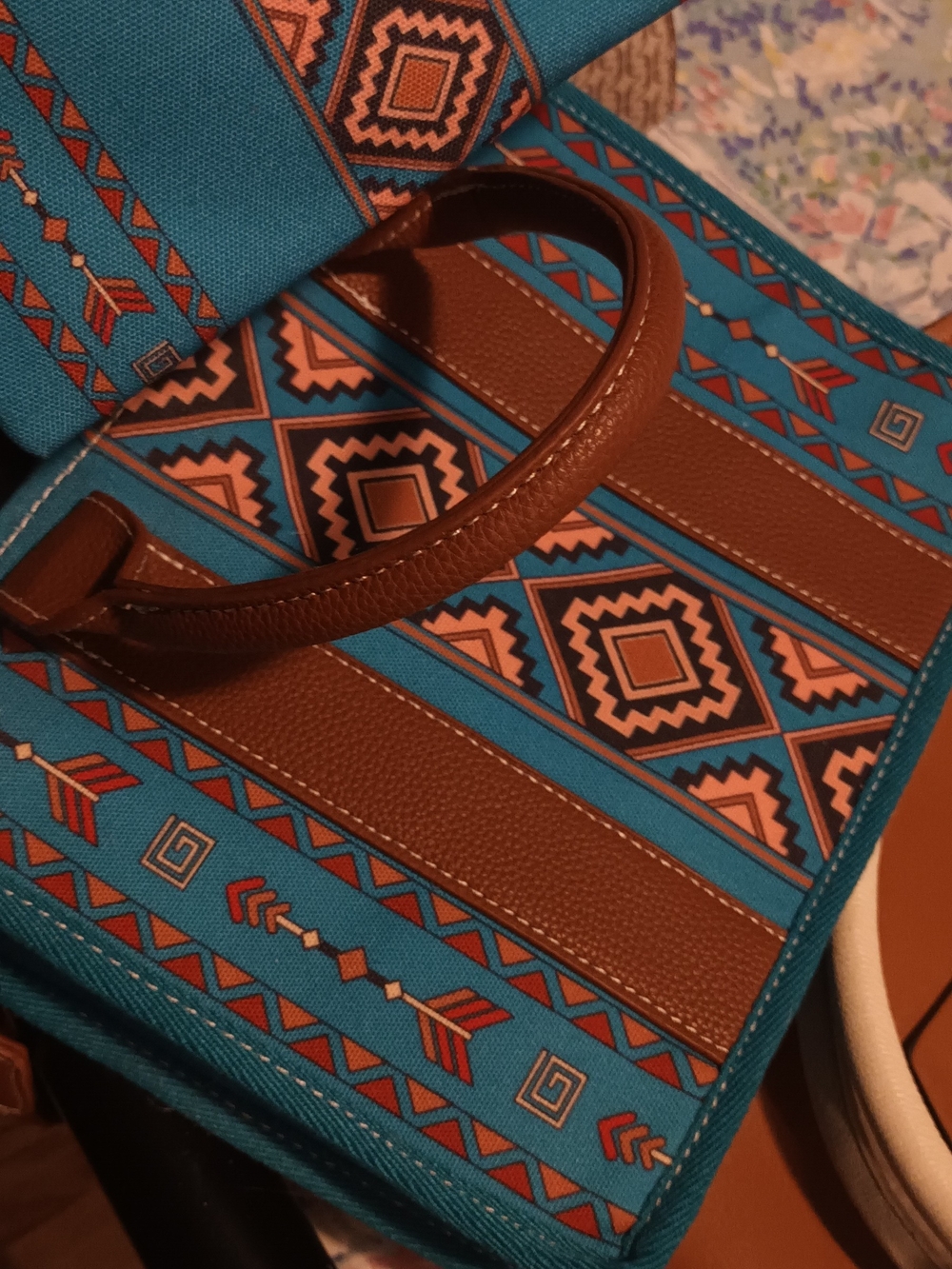 Teal and Brown Geometric Tote Bag - Women's Everyday Handbag